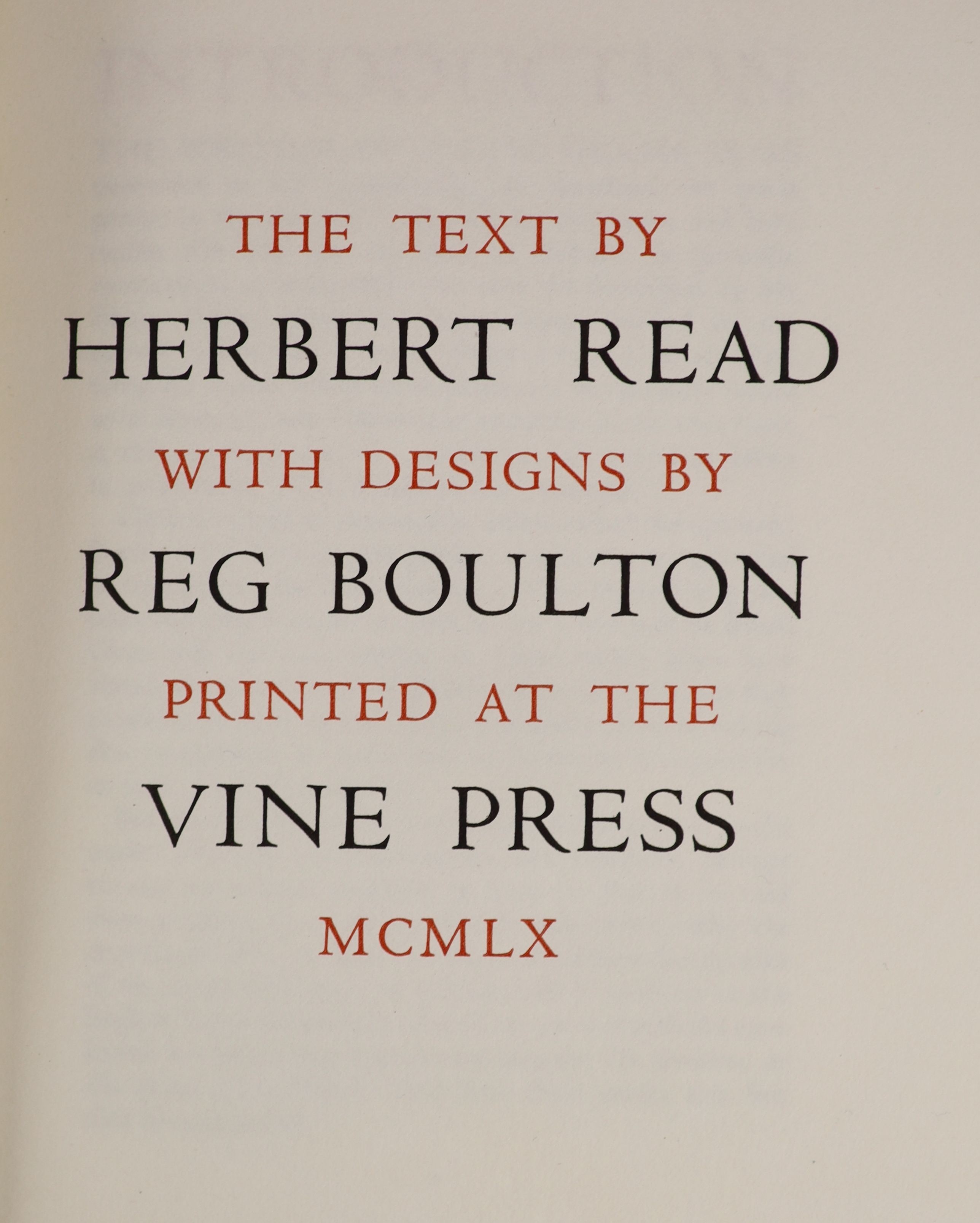 Read, Herbert - The Parliament of Women, one of 100, illustrated by Reg Boulton, folio, half morocco, Vine Press, London, 1960